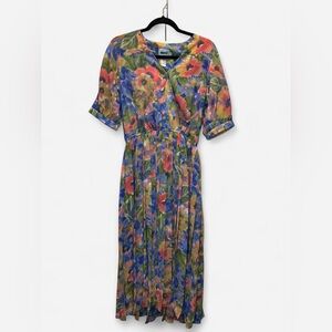 Vintage Leslie Fay Floral Midi Dress Chiffon Pleated Tea Dress Cottagecore  (S)